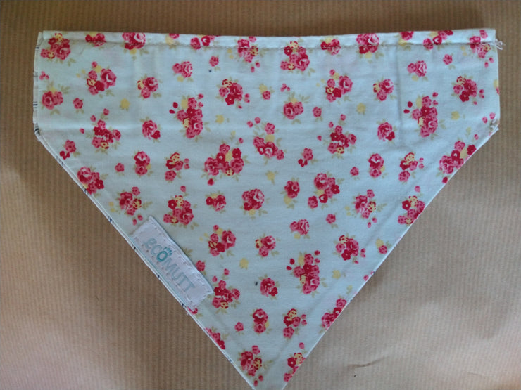 Reversible Upcycled Bandana - Pink Flowers, Light Blue Background / Red & White stripped